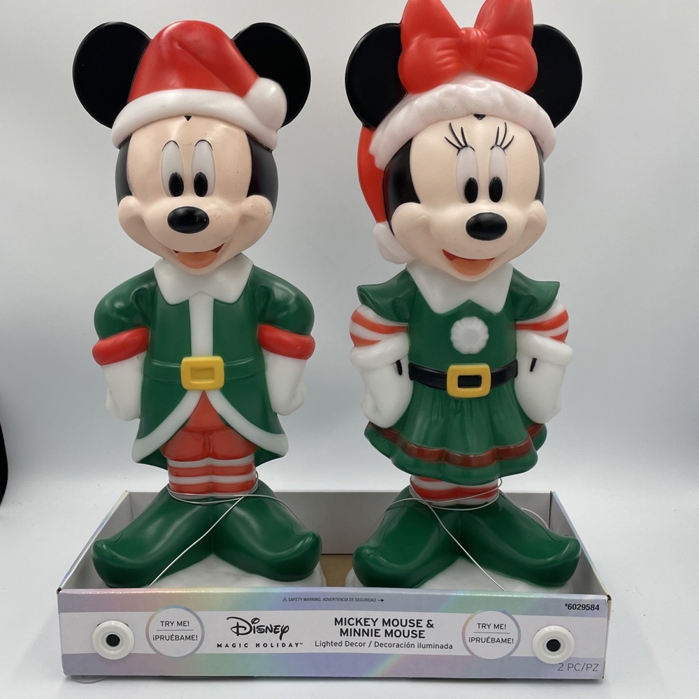 Disney Mickey Minnie Mouse Lighted Christmas Blow Mold 14" LED 2 Piece Set NEW